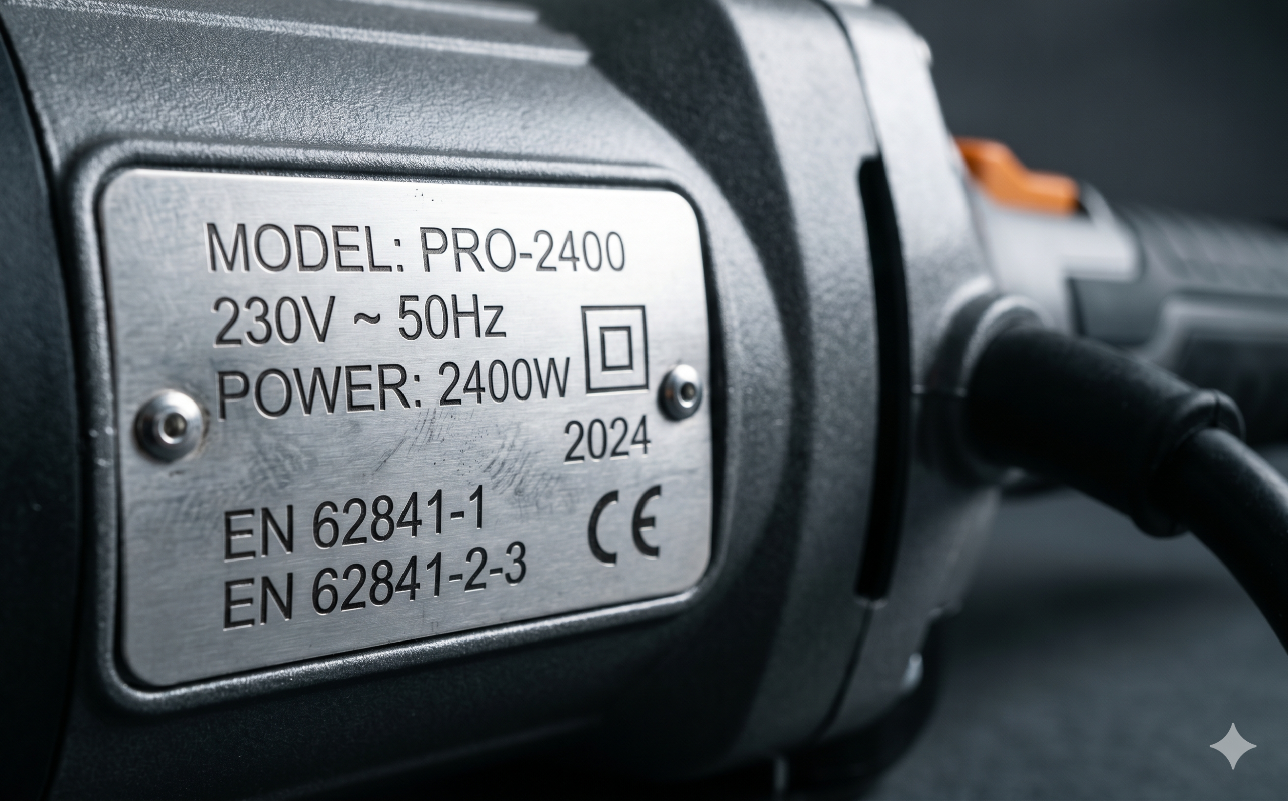 Plăcuță de identificare cu standard EN 62841 pe sculă electrică profesională
